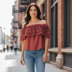 Socialite XS Rust Shirt Off Shoulder Cropped Crochet Cottagecore Boho Gauze NWT